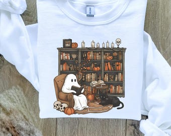 Retro Ghost Reading Books Sweatshirt, Retro Ghost Reading Sweatshirt, Ghost Reading Books Sweatshirt, Halloween Teacher Sweatshirt