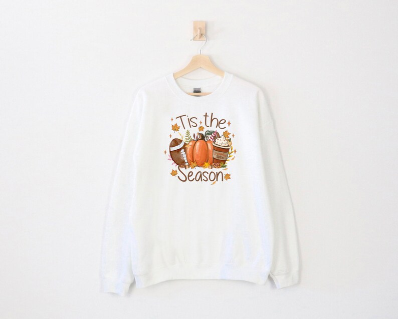May include: White sweatshirt with a fall-themed graphic. The design includes a football, pumpkins, a coffee cup, and fall leaves. The text "Tis the Season" is also featured in the design. The sweatshirt is hanging on a wooden hanger.