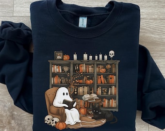 Retro Ghost Reading Books Sweatshirt, Retro Ghost Reading Sweatshirt, Ghost Reading Books Sweatshirt, Halloween Teacher Sweatshirt