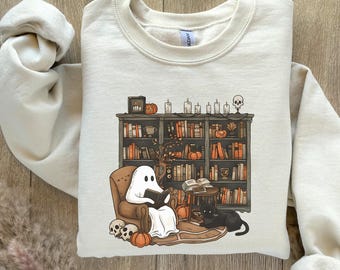 Retro Ghost Reading Books Sweatshirt, Retro Ghost Reading Sweatshirt, Ghost Reading Books Sweatshirt, Halloween Teacher Sweatshirt