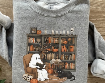 Retro Ghost Reading Books Sweatshirt, Retro Ghost Reading Sweatshirt, Ghost Reading Books Sweatshirt, Halloween Teacher Sweatshirt