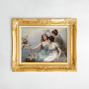 May include: A framed oil painting depicting three women in a garden setting. The women are dressed in flowing gowns and are surrounded by lush greenery. The painting is set in a gold frame with ornate details.