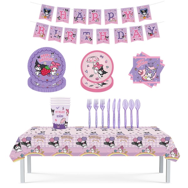 Kuromi Party Tableware Disposable Dinnerware Sanrio Characters Cartoon Melody Party Birthday Decorations Kawaii Dessert Plates Napkins Cups