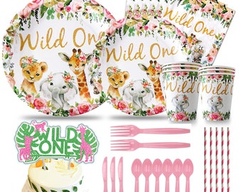 Wild One Party Tableweare Birthday Decorations Girl Jungle Party Supplies Dinnerware Plates Cups Napkins for Safari Birthday Baby Shower