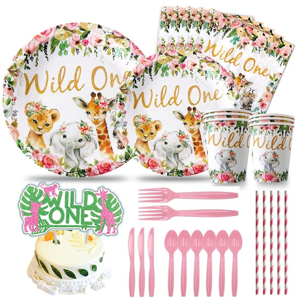 Wild One Party Tableweare Birthday Decorations Girl Jungle Party Supplies Dinnerware Plates Cups Napkins for Safari Birthday Baby Shower