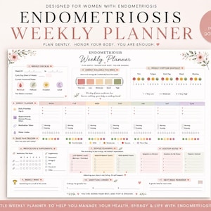 Pode incluir: Um modelo de planejador semanal digital para endometriose com seções para rastreamento de sintomas, níveis de energia, medicação e prioridades diárias. O layout inclui detalhes florais, caixas em tons pastel e prompts de texto para monitoramento.
