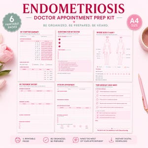 Può includere: Un kit di preparazione per visite mediche sull'endometriosi con sei pagine stampabili in formato A4 nei toni del rosa. Le pagine includono sezioni per riepiloghi dei sintomi, domande per il medico, grafici del dolore e schede di supporto.