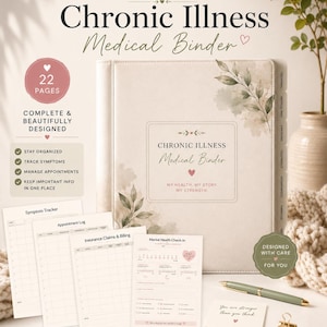 Puede incluir: Una carpeta médica de color beige con detalles de hojas en acuarela y el texto Chronic Illness Medical Binder, My Health, My Story, My Strength. Incluye 22 páginas de formularios imprimibles como seguimiento de síntomas y registro de citas.