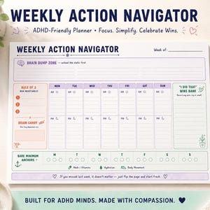 ADHD Weekly Planner Printable PDF, Neurodivergent Weekly Action Planner with Brain Dump and Focus Tracker, Instant Download A4 Letter