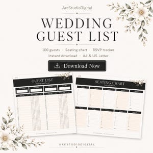 Pode incluir: Um modelo digital de lista de convidados e plano de mesas de casamento com detalhes florais. O documento inclui seções para nomes, status de RSVP, refeições e mesas, com o texto Wedding Guest List e Download Now.