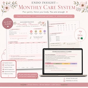 Puede incluir: Un sistema de cuidado mensual Endo Insight que incluye registro mensual, clave de fase del ciclo, calendario y rastreador de síntomas. El conjunto digital incluye archivos PDF y Excel para registrar medicamentos, suplementos y citas médicas.