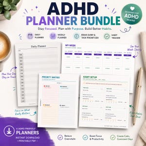 Pode incluir: Um pacote de planejadores TDAH com quatro páginas PDF imprimíveis: um planejador diário com horários, um planejador semanal, uma matriz de prioridades e um rastreador de hábitos. Os documentos incluem títulos e seções para tarefas e hábitos.