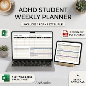 Pode incluir: Um planejador semanal para estudantes com TDAH exibido em uma tela de laptop e tablet. A interface digital mostra um rastreador de tarefas, brain dump e um quadro de rotinas. O texto inclui ADHD STUDENT WEEKLY PLANNER, 1 PDF + 1 EXCEL FILE, 1 PRINTABLE PDF PLANNER, 1 EDITABLE EXCEL SPREADSHEET, INSTANT DOWNLOAD e ArcStudio.