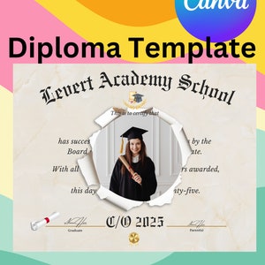 Plantilla de diploma, plantilla de arrastrar y soltar, plantilla de graduación, plantilla Canva, plantilla de graduación editable Canva