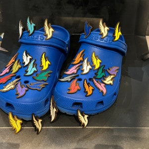 May include: A pair of blue Crocs clogs with colorful feather-shaped charms attached. The charms are arranged in a circular pattern around the clogs.