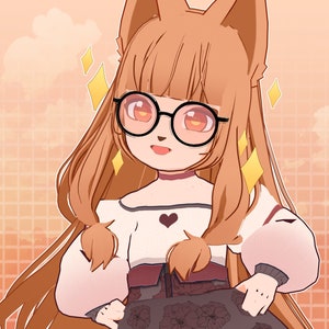 K&ouml;nnte beinhalten: Eine Cartoon-Illustration eines fuchsartigen Charakters mit langen braunen Haaren, der eine runde Brille, ein wei&szlig;es Hemd mit einem schwarzen Herzen und einen schwarzen und grauen Rock mit Blumendesigns tr&auml;gt.