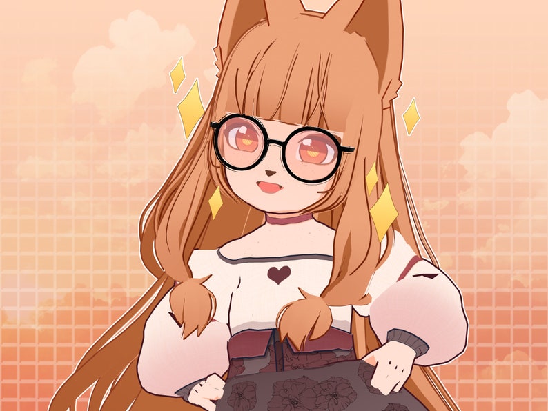 K&ouml;nnte beinhalten: Eine Cartoon-Illustration eines fuchsartigen Charakters mit langen braunen Haaren, der eine runde Brille, ein wei&szlig;es Hemd mit einem schwarzen Herzen und einen schwarzen und grauen Rock mit Blumendesigns tr&auml;gt.