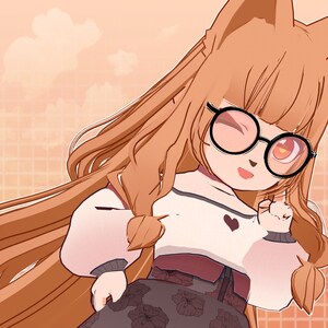 K&ouml;nnte beinhalten: Eine Cartoon-Illustration einer jungen Frau mit langen braunen Haaren, die einen wei&szlig;en Pullover mit einem Herzmotiv, einen braunen Rock mit Blumenmustern und eine schwarze Brille tr&auml;gt. Sie zwinkert und hat einen verspielten Ausdruck.