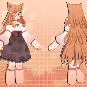 K&ouml;nnte beinhalten: Eine Cartoon-Illustration eines M&auml;dchens mit langen braunen Haaren, das eine wei&szlig;e Bluse mit einem roten Herzen, einen Blumenrock und wei&szlig;e Socken tr&auml;gt. Sie hat Katzenohren und tr&auml;gt eine Brille.