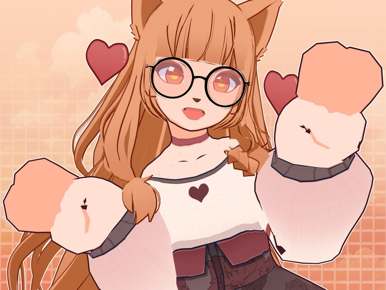 K&ouml;nnte beinhalten: Eine Cartoon-Illustration einer Figur mit braunen Haaren, die ein wei&szlig;es Shirt mit einem Herzmotiv, einen rosa Pullover und runde Brillen tr&auml;gt. Die Figur hat Katzenohren und h&auml;lt beide Arme mit einem gl&uuml;cklichen Ausdruck ausgestreckt.