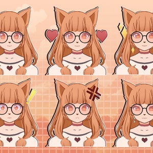 K&ouml;nnte beinhalten: Eine digitale Illustration einer Comicfigur mit braunen Haaren, die eine Brille und ein wei&szlig;es Hemd mit einem Herzmotiv tr&auml;gt. Die Figur hat Fuchsohren und wird mit verschiedenen Gesichtsausdr&uuml;cken und Emojis dargestellt.