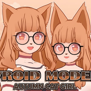 May include: A digital illustration of a cat girl with brown hair and cat ears wearing round glasses. The text "VROID MODEL AUTUMN CAT GIRL" is at the bottom of the image.