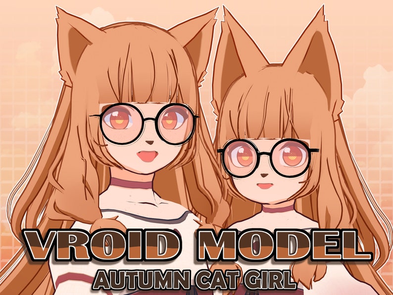 K&ouml;nnte beinhalten: Eine digitale Illustration eines Katzenm&auml;dchens mit braunen Haaren und Katzenohren, das eine runde Brille tr&auml;gt. Der Text "VROID MODEL AUTUMN CAT GIRL" befindet sich am unteren Rand des Bildes.