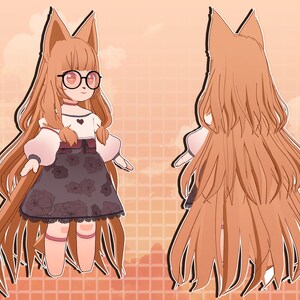 K&ouml;nnte beinhalten: Eine Cartoon-Illustration eines Fuchsm&auml;dchens mit langen braunen Haaren, das ein wei&szlig;es Shirt mit einem rosa Herzen, einen schwarz-wei&szlig;en Blumenrock und eine Brille tr&auml;gt. Sie steht mit den Armen an den Seiten und schaut zur Seite.