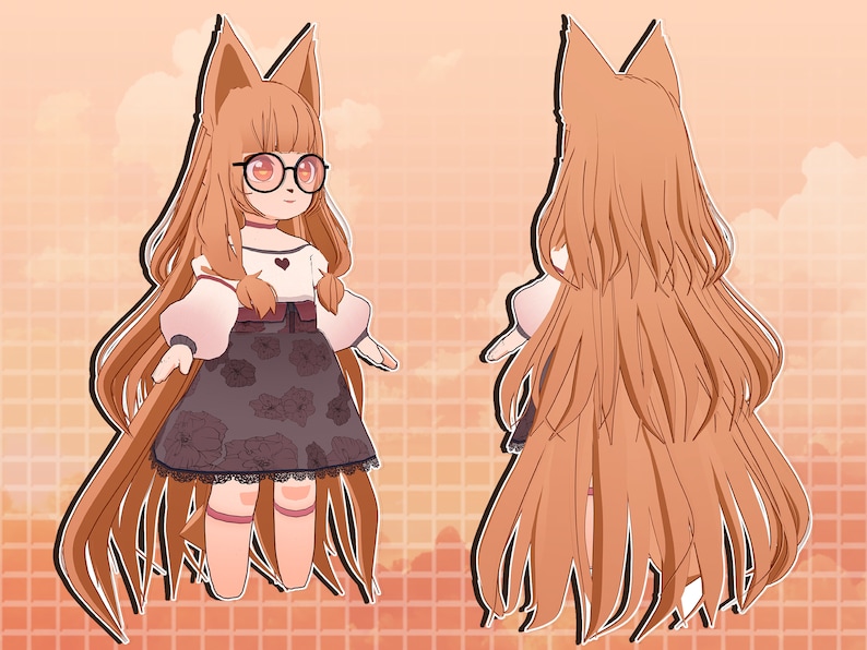 K&ouml;nnte beinhalten: Eine Cartoon-Illustration eines Fuchsm&auml;dchens mit langen braunen Haaren, das ein wei&szlig;es Shirt mit einem rosa Herzen, einen schwarz-wei&szlig;en Blumenrock und eine Brille tr&auml;gt. Sie steht mit den Armen an den Seiten und schaut zur Seite.