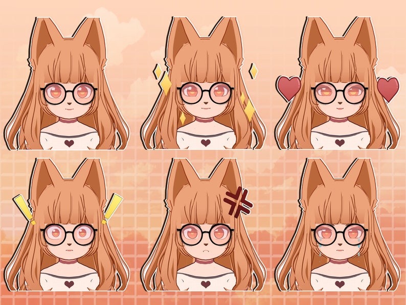 K&ouml;nnte beinhalten: Ein Comic-Charakter mit braunen Haaren und Ohren, der eine runde Brille tr&auml;gt, mit verschiedenen Gesichtsausdr&uuml;cken und Accessoires. Der Charakter tr&auml;gt ein wei&szlig;es Hemd mit einem kleinen Herzen darauf. Die Accessoires umfassen Herzen, Sterne und Ausrufezeichen.