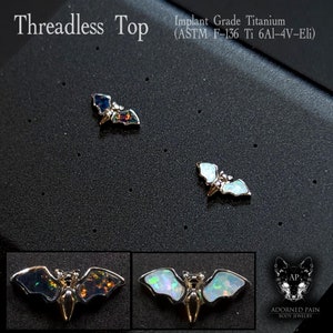 Bat with Opal black/white Titanium Threadless Push Pin (JUST TOP! works with threadless posts) helix flat tragus conch lobe