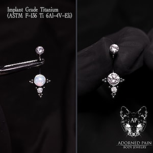 May include: A silver body jewelry piece with a clear opal stone and black accents. The jewelry is made of implant grade titanium, ASTM F-136 Ti 6Al-4V-Eli.