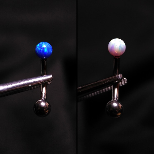 VCH piercing jewelry, 14g titanium threadless barbell  w/ 4mm Opal on top and fixed 4mm bead on bottom