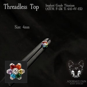 4mm Rainbow CZ Flower Implant Grade Titanium Threadless Pin(JUST TOP!) nostril helix conch tragus lobe medusa philtrum flat