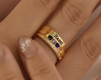 Birthstone Ring Set,Stacking Name Ring,Family Birthstone Ring,Birthstone Stacking Ring,Stackable Rings for Mom,Anniversary Gift,Gift for Her