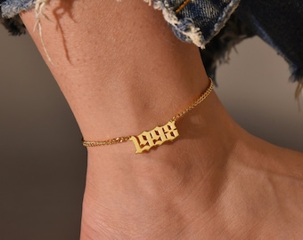 Bracelet de cheville de l'année de naissance, chiffre des anges, date porte-bonheur, chiffre de la chance de cheville, bracelet de cheville délicat, cadeau d'anniversaire, cadeau de fête des mères, cadeau pour elle