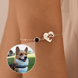 Pet Name Bracelet with Photo,Engraved Name Paw Print Bracelet,Photo Projection Bracelet,Custom Pet Memorial Gift,Dog Mom Gift,Pet Lover Gift