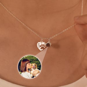 Pet Photo Projection Necklace,Paw Name Projection Necklace with Heart,Custom Pet Photo Necklace,Dog Photo Necklace,Pet Memorial Gift for Her
