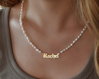 Collar con nombre en oro de 18 quilates, collar de perlas personalizado, collar de perlas para mamá, regalo para damas de honor, regalo de boda, regalo para ella, perlas de agua dulce.