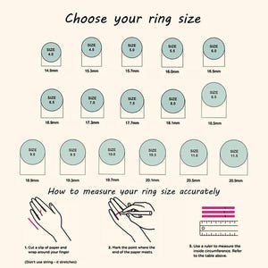 K&ouml;nnte beinhalten: Eine Ringgr&ouml;&szlig;entabelle mit Kreisen, die von Gr&ouml;&szlig;e 4.0 bis 11.5 beschriftet sind, inklusive der Durchmesser in Millimetern. Darunter zeigen Anleitungen mit dem Titel How to measure your ring size accurately Schritte mit Papier, Stift und Lineal.