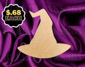 May include: A brown wooden witch hat cutout, with a pointed top and a wide brim, is displayed on a purple satin fabric background. The text "$1.68 EACH" is visible in a black circle.