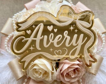 Personalized Name Mum Trinket | Gold Mirror Acrylic Custom Name Charm | Bow Homecoming Mum Centerpiece | Custom HOCO Mum Add On