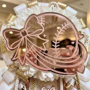 Softball Homecoming Mum Trinket | Rose Gold Mirror Acrylic Softball Charm | Bow Sports Mum Centerpiece | Girly HOCO Mum Supply