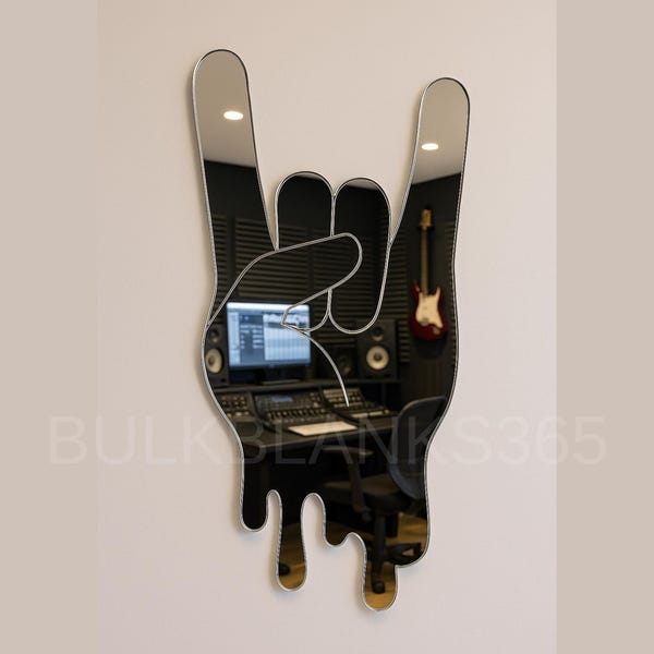 Rock On Hand Sign Mirror Wall Decor – Dripping Acrylic Rock and Roll Wall Art – Music Studio Vibe – Heavy Metal Sign Hand Gesture Mirror