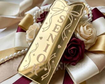 Vertical Senior Mum Trinket | Gold Mirror Acrylic Senior Charm | Big Bow Homecoming Mum Ribbon Add On