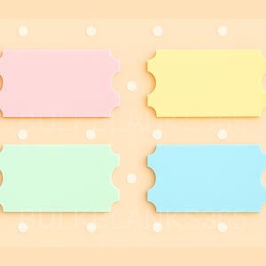 May include: Four pastel-colored blank ticket-shaped items. The colors are pink, yellow, green, and blue. The tickets have a rectangular shape with a scalloped edge design. The background is a light orange color with white polka dots.
