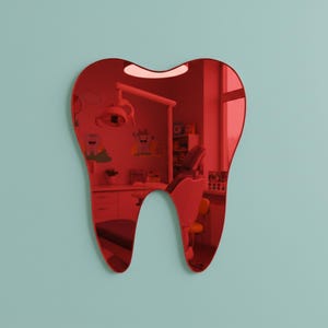Silver Mirror Acrylic Tooth Shape Cutout – Dental Office Wall Decor, Laser Cut Dentist Gift, Smooth Tooth Silhouette Red Mirror