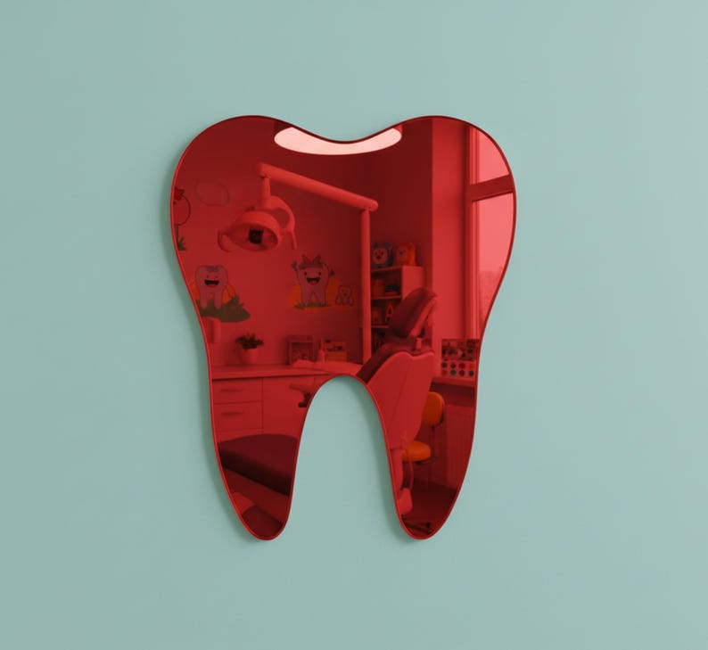 Silver Mirror Acrylic Tooth Shape Cutout – Dental Office Wall Decor, Laser Cut Dentist Gift, Smooth Tooth Silhouette Red Mirror
