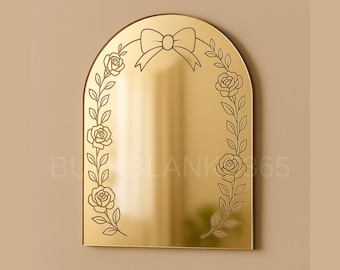 Gold Arch Mirror with Bow & Roses – Coquette Vanity Mirror, Feminine Floral Wall Decor, Vintage Glam Gold Mirror for Bedroom or Studio