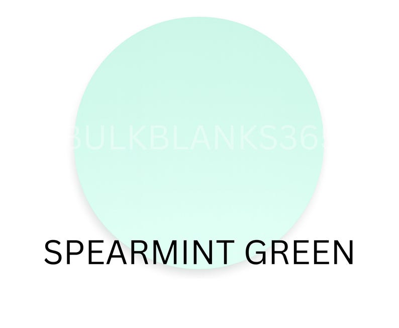 May include: A round, spearmint green shape against a white background. The text "SPEARMINT GREEN" is displayed in black, below the shape. The text "BULKBLANKS36" is faintly visible within the green circle.
